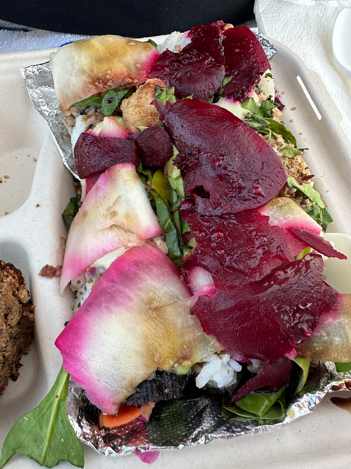 vegan sushi with beet and daikon radish on top from Hempy’s in Wailuku, Maui.