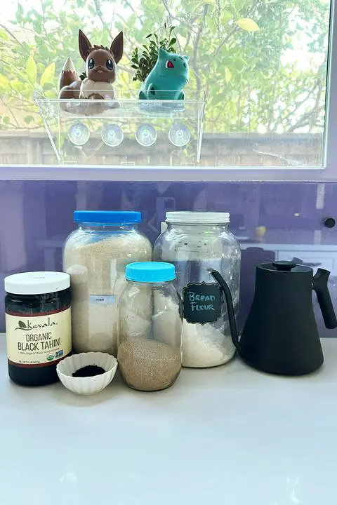 ingredients for black vegan burger buns.