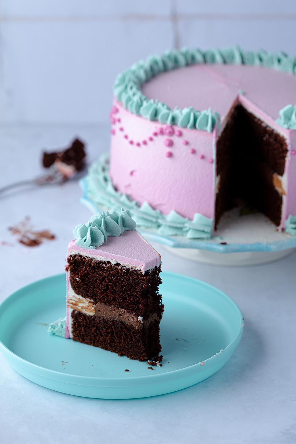 a slice of nutella cake with a bite missing