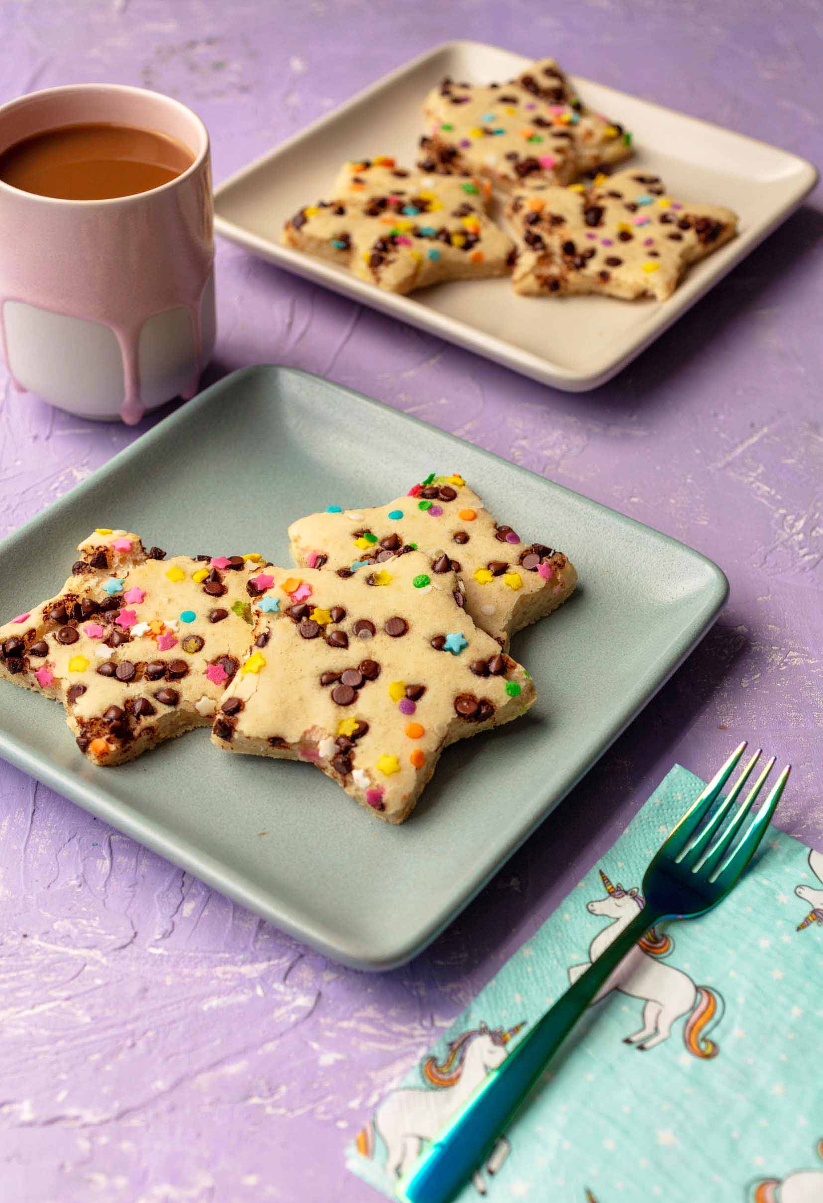 star shaped funfetti sheet pan pancakes.