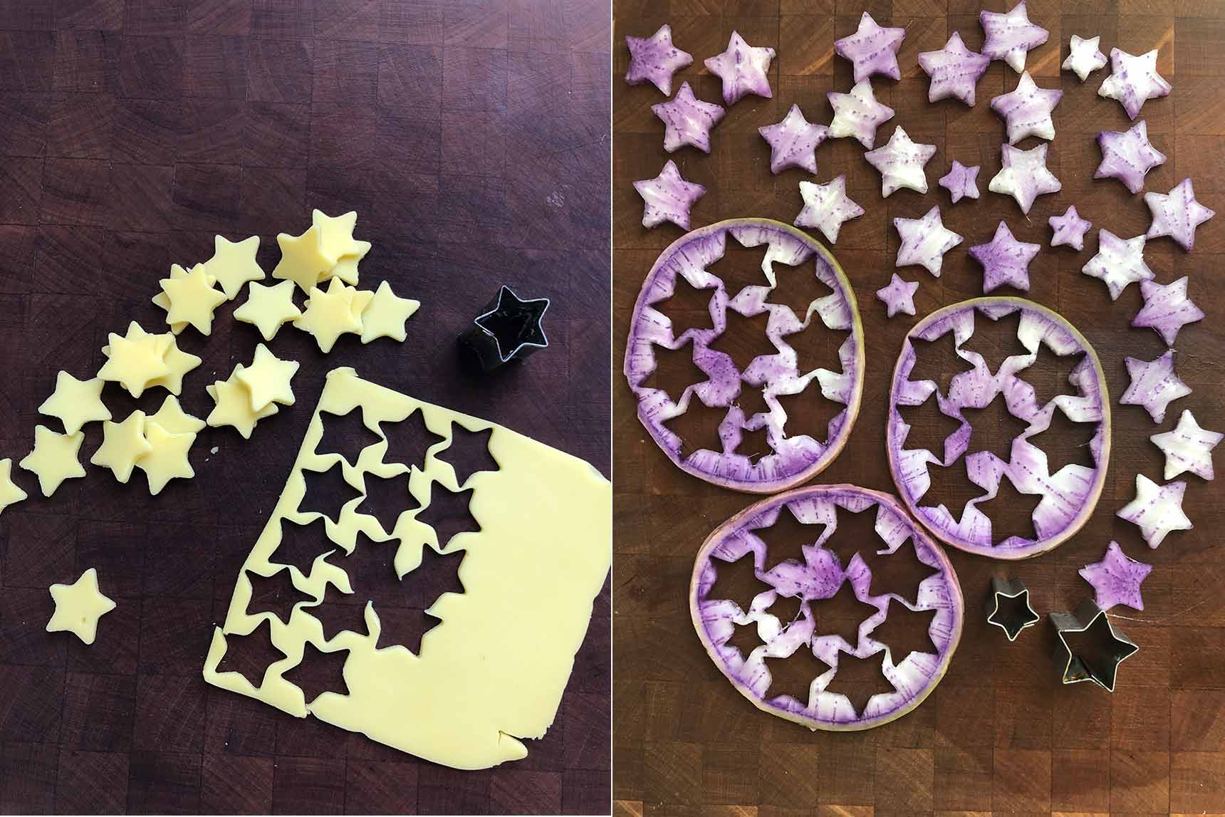 vegan cheese and purple daikon stars