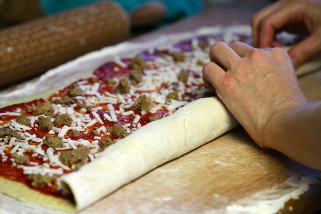 Rolling the vegan Pizza Pinwheels