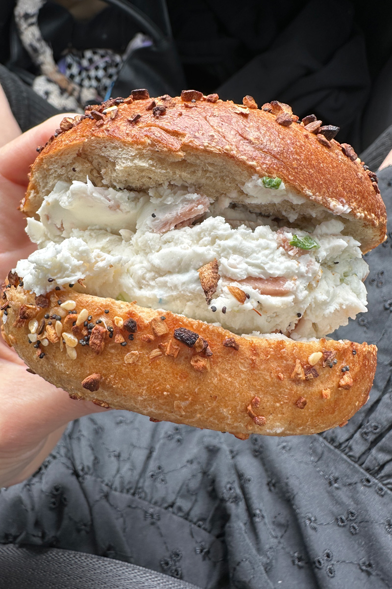 bagel with a ton of vegan cream cheese from Ben & Esthers in Portland
