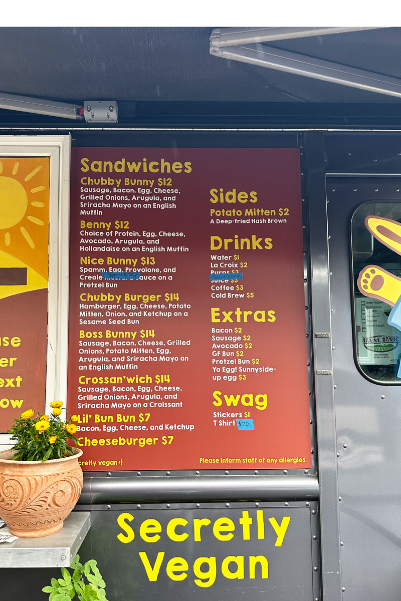 vegan menu on the Chubby Bunny food truck in Alberta Arts food truck pod in Portland