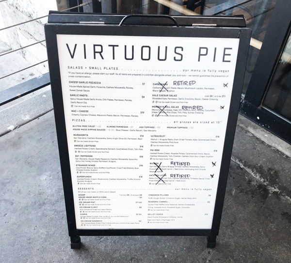 menu at Virtuous Pie in Portland