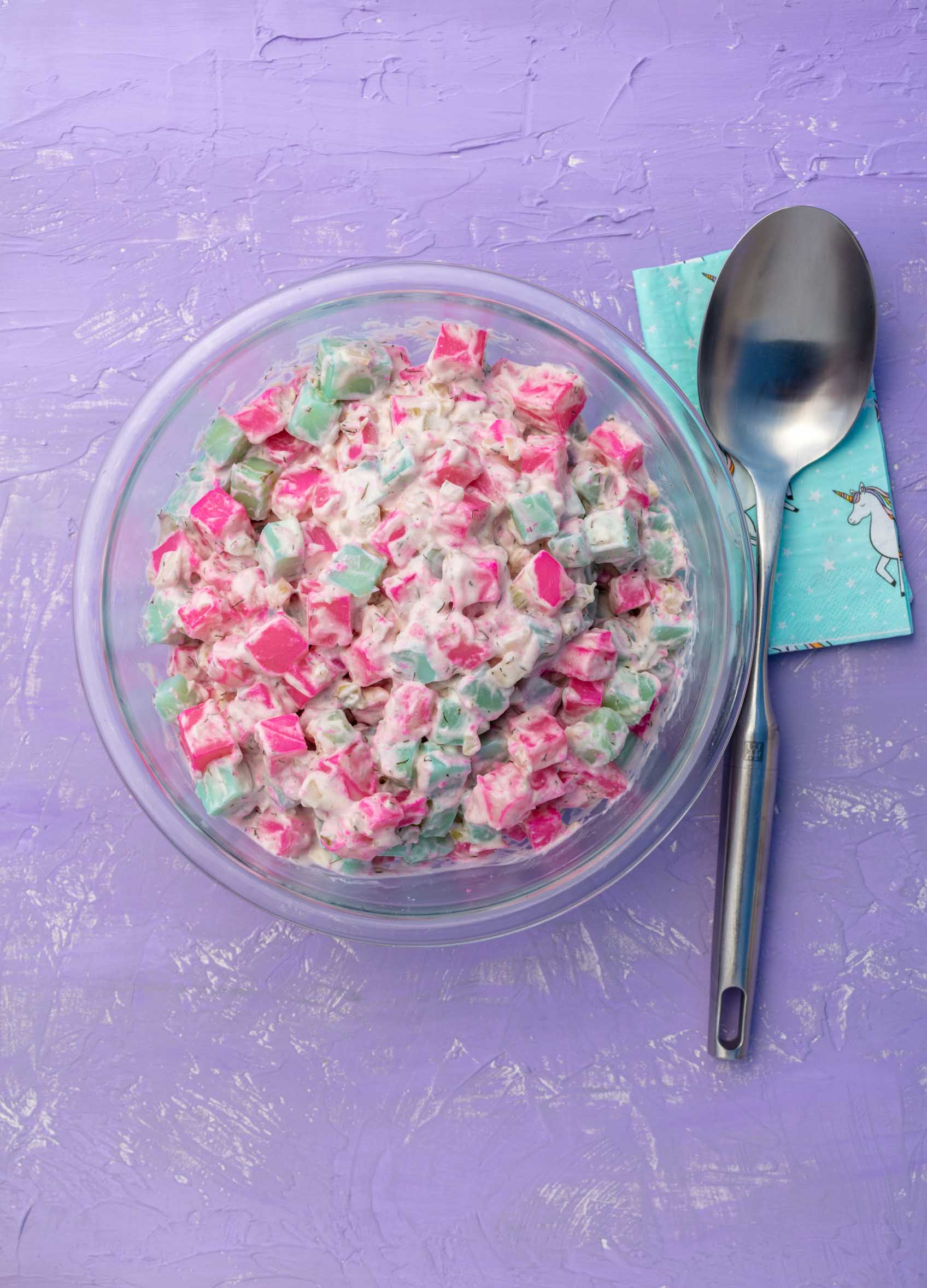 big bowl of vegan colored potato salad