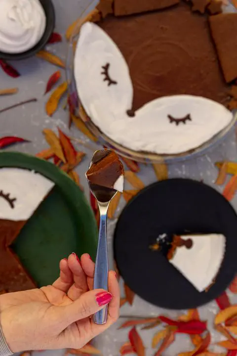 a bite of vegan gluten-free pumpkin pie on a fork