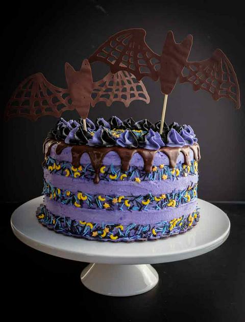 vegan chocolate blackberry halloween cake with bats