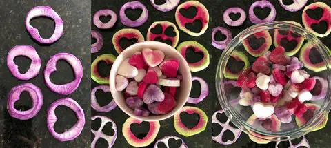 cutting out the radish hearts and seasoning them