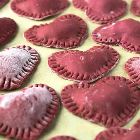 naturally colored vegan pink heart ravioli filled with tofu and spinach