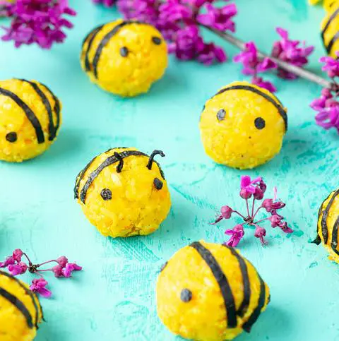 vegan Korean rice balls shaped like bees