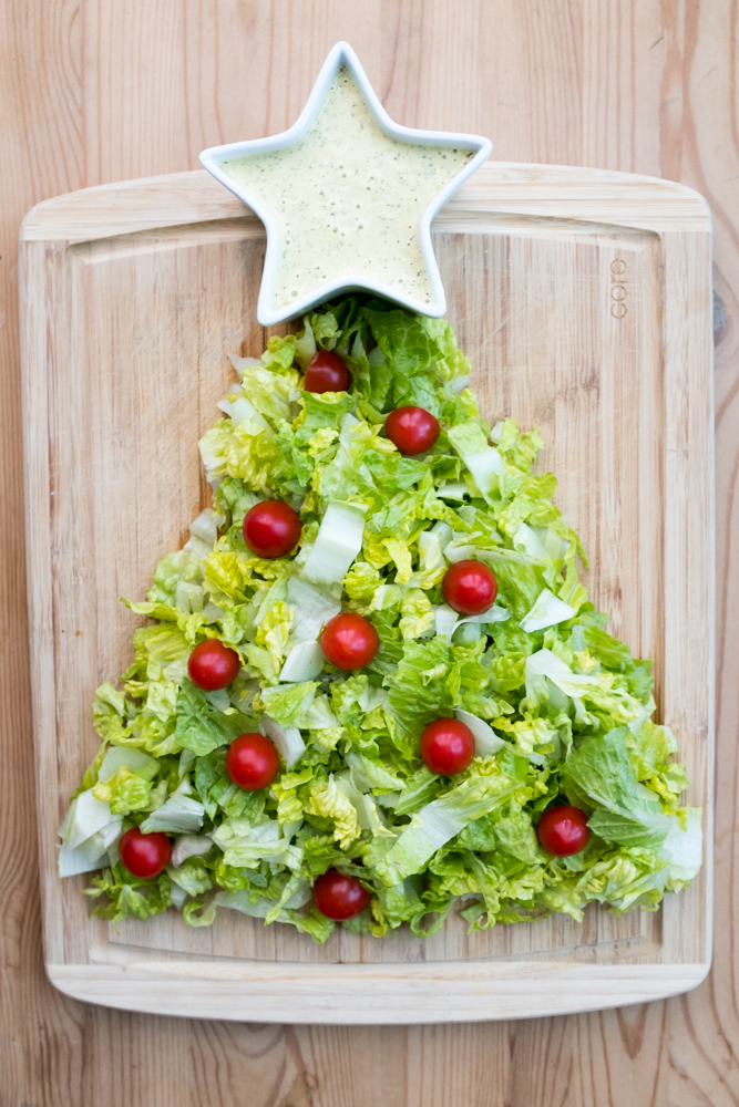 Vegan Christmas Tree salad with vegan ranch dressing