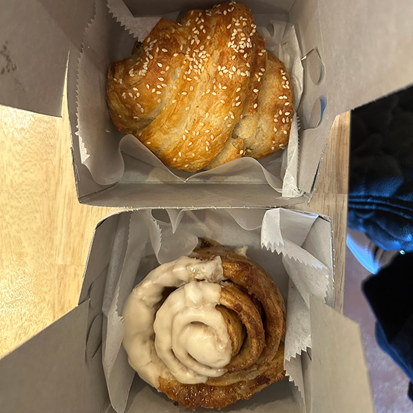 vegan spanakopita croissant and vegan cinnamon roll from Hazel & Jade in San Diego.