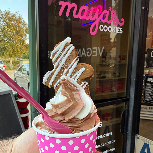 vegan soft serve and gingerbread cookie from Maya’s Cookies in San Diego.