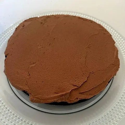 vegan chocolate frosting spread on a round vegan chocolate cake.