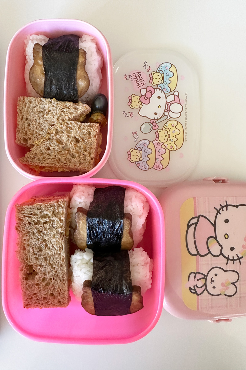 vegan spam musubi in bento boxes ready to go on a picnic