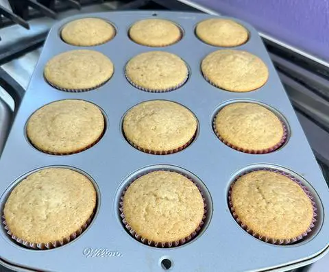 the cupcake pan filled with vegan vanilla cupcakes fresh out of the oven.