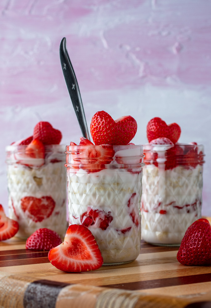 vegan strawberry shortcake parfait cups ready to serve