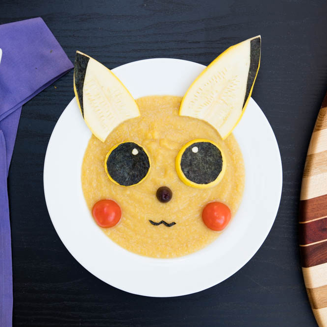vegan summer squash soup decorated to look like Pikachu