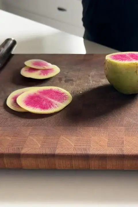 two thin slices of watermelon radish.