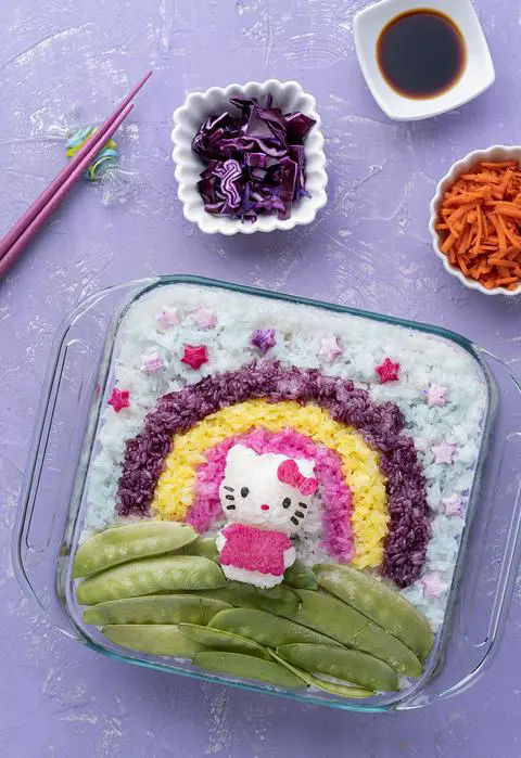 vegan sushi bake decorated with a colorful hello kitty scene