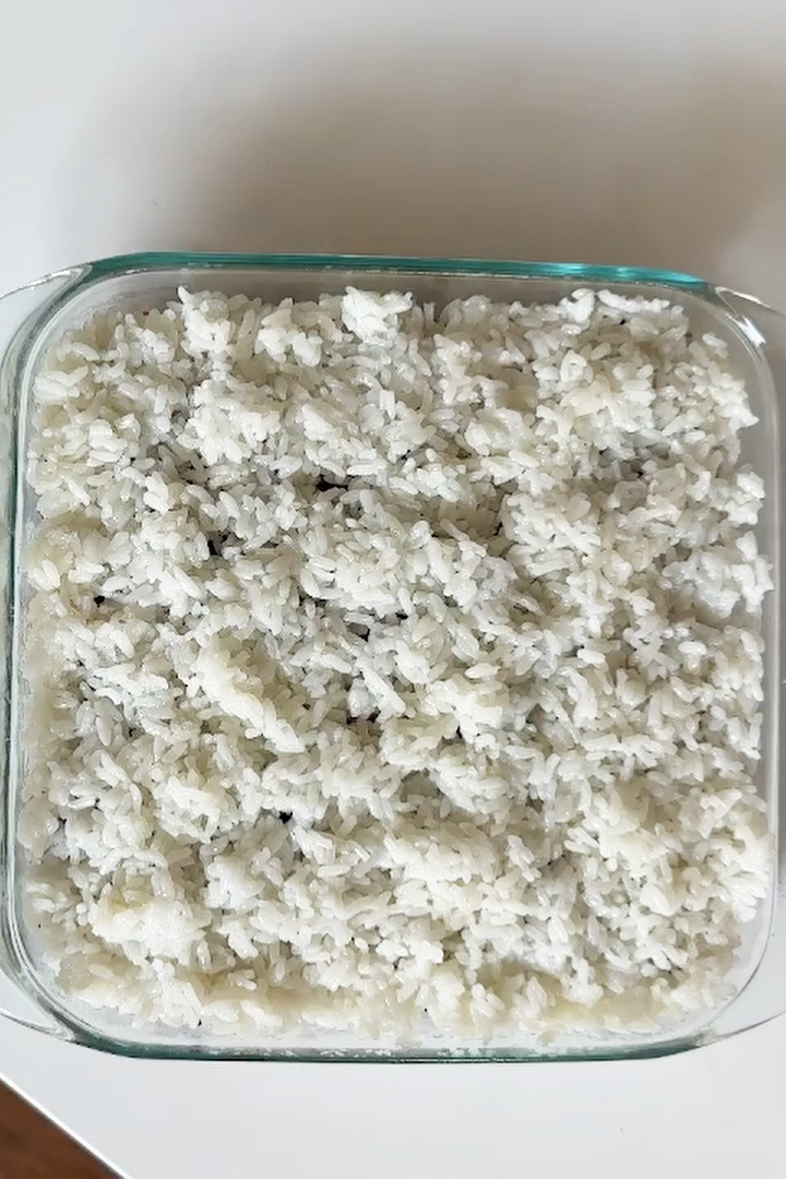 topped with final layer of rice.