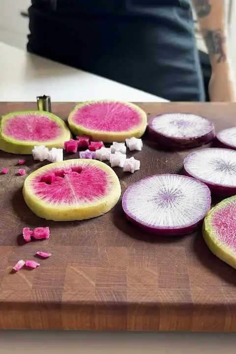 pieces cut out of daikon radishes.
