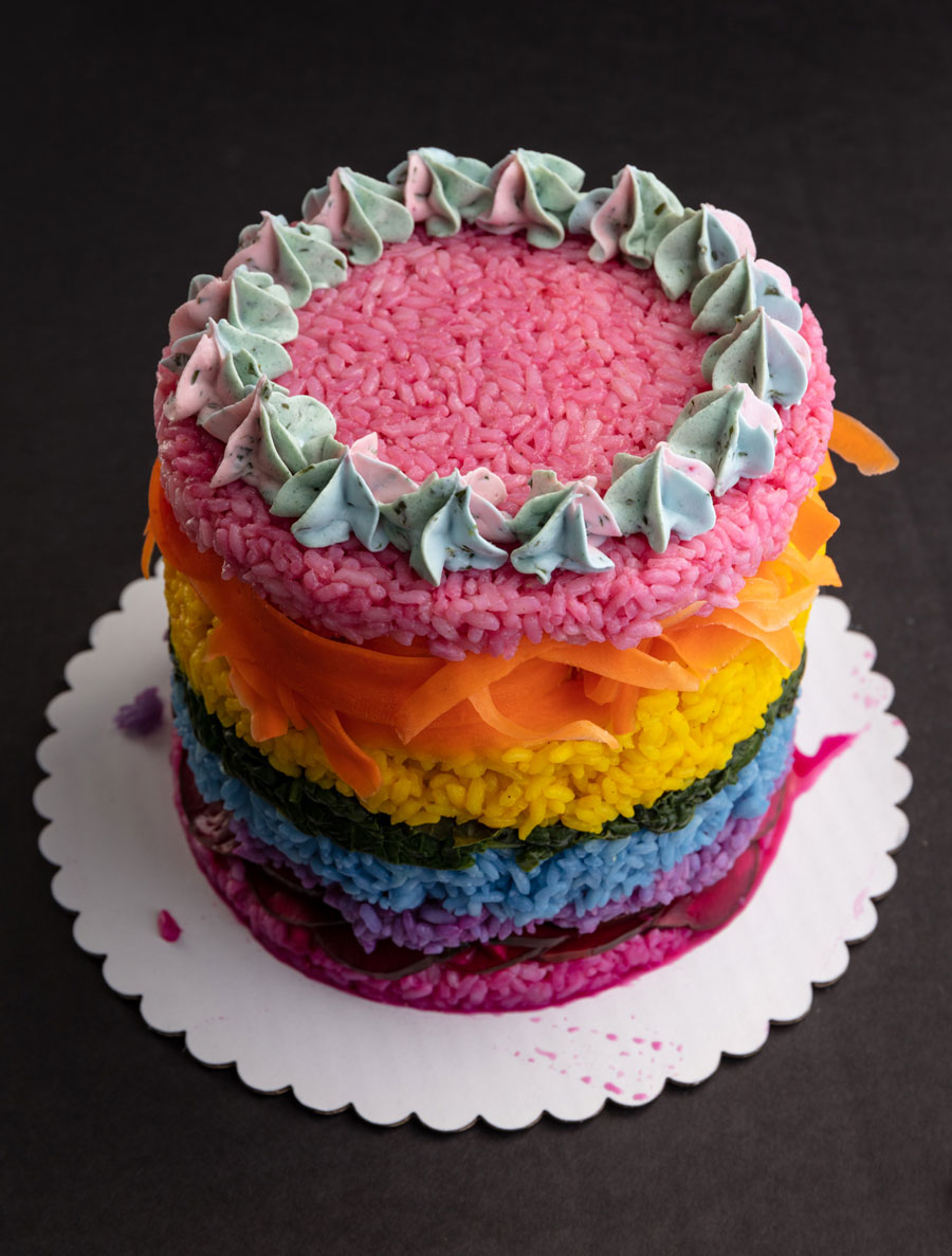 vegan savory rainbow sushi cake with cream cheese frosting