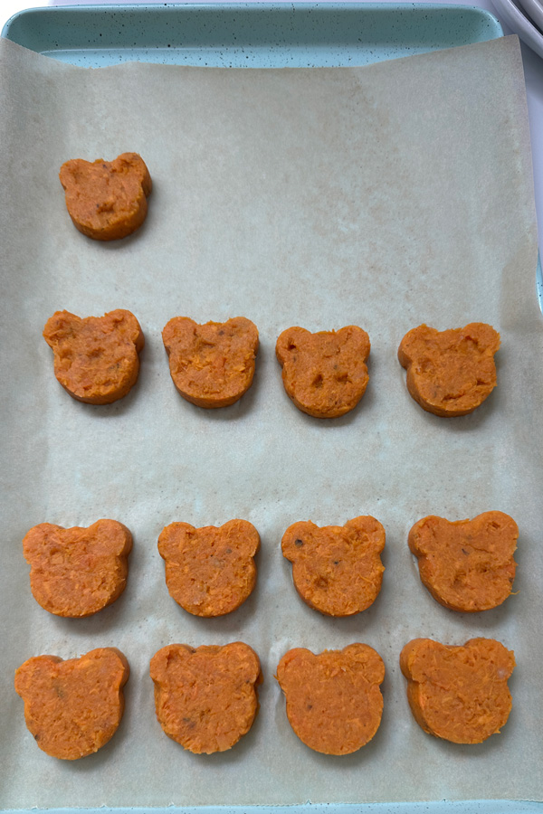 tray of vegan sweet potato tots that look like bears