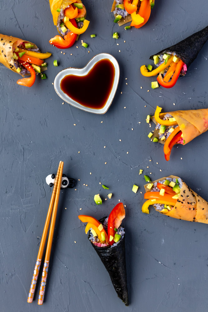 vegan temaki rolls with a side of soy sauce