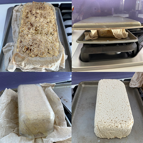 a photo collage of the process of flipping the tofurkey over and removing the mold