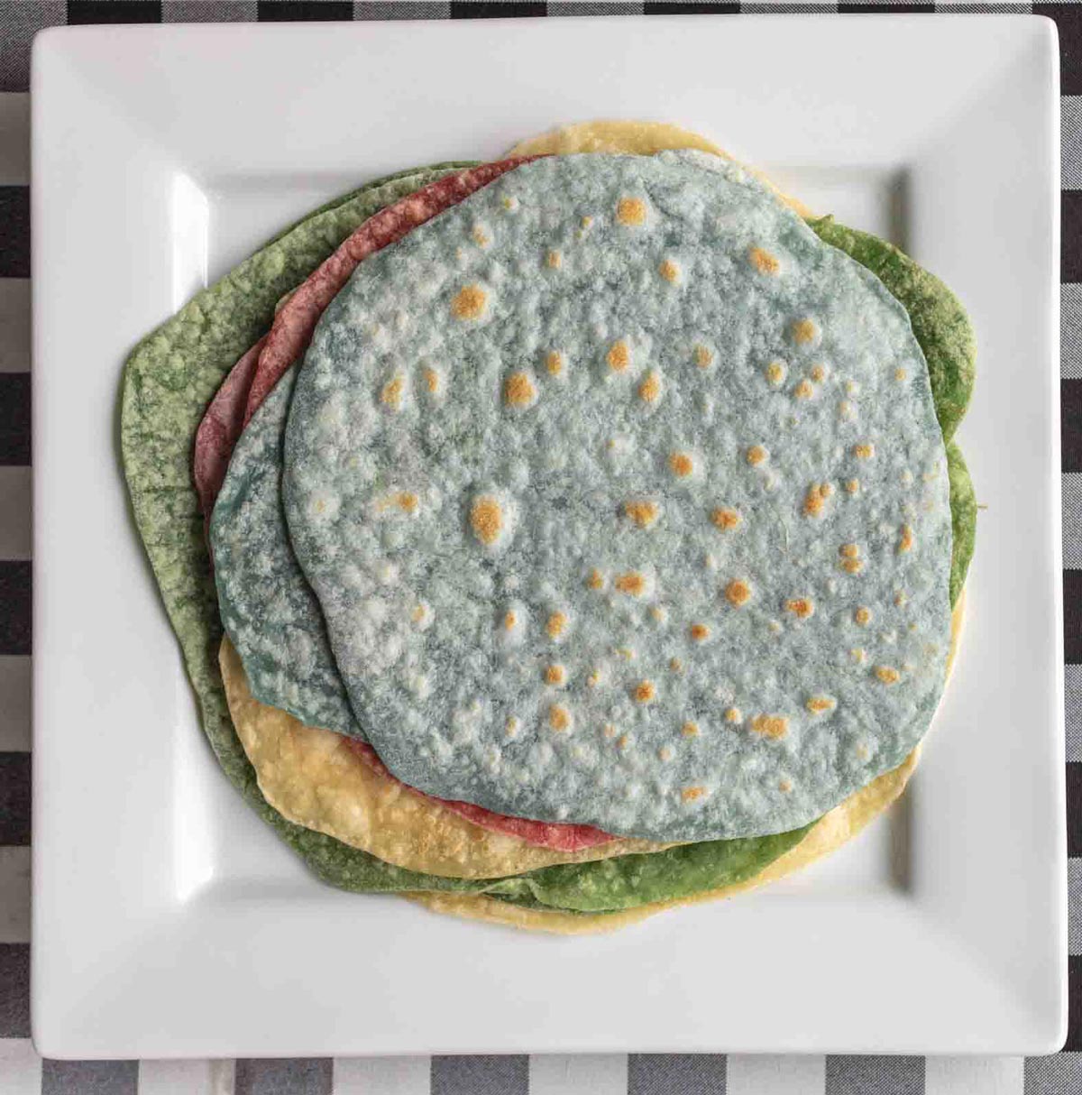 stack of vegan colored tortillas