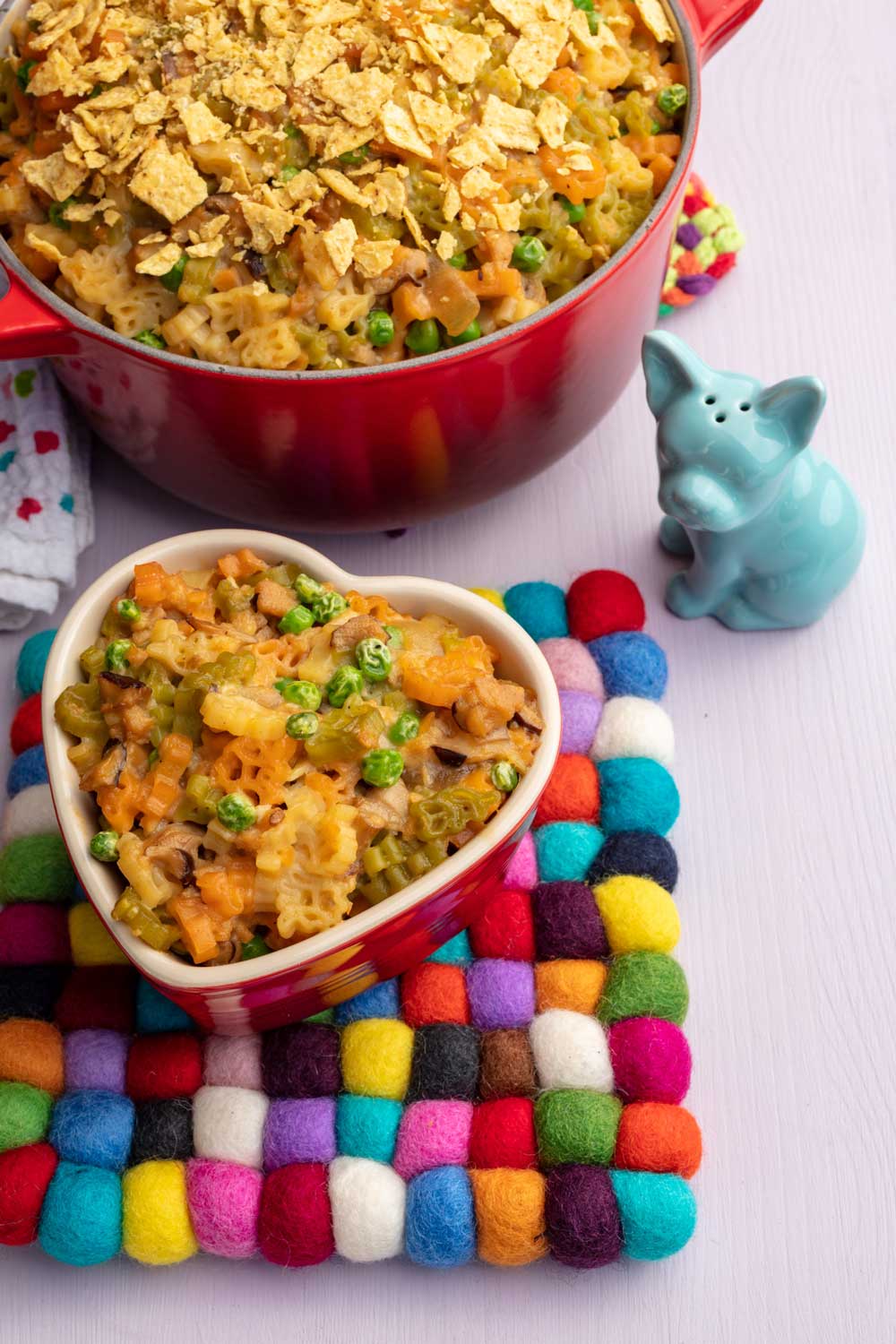 vegan tuna casserole in a heart shaped dish