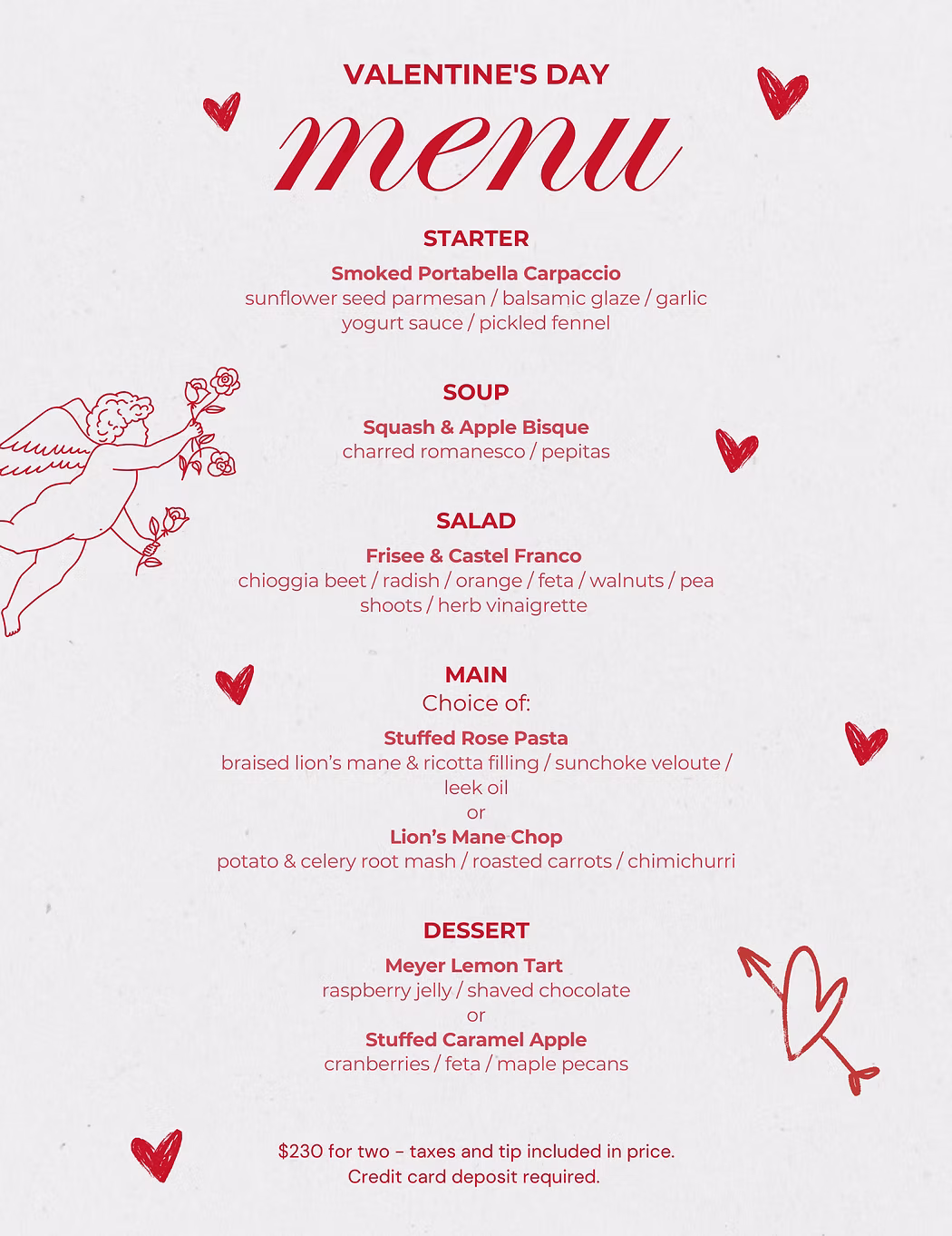 Valentine's Day menu at Veg Cafe.