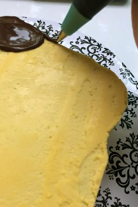 drawing a chocolate outline on the vegan Pompompurin cake