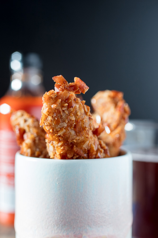 Vegan Crispy Pretzel Chicken Fries frying