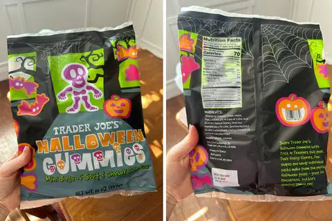 the front and back of a package of fun-size vegan Halloween gummies from Trader Joe's