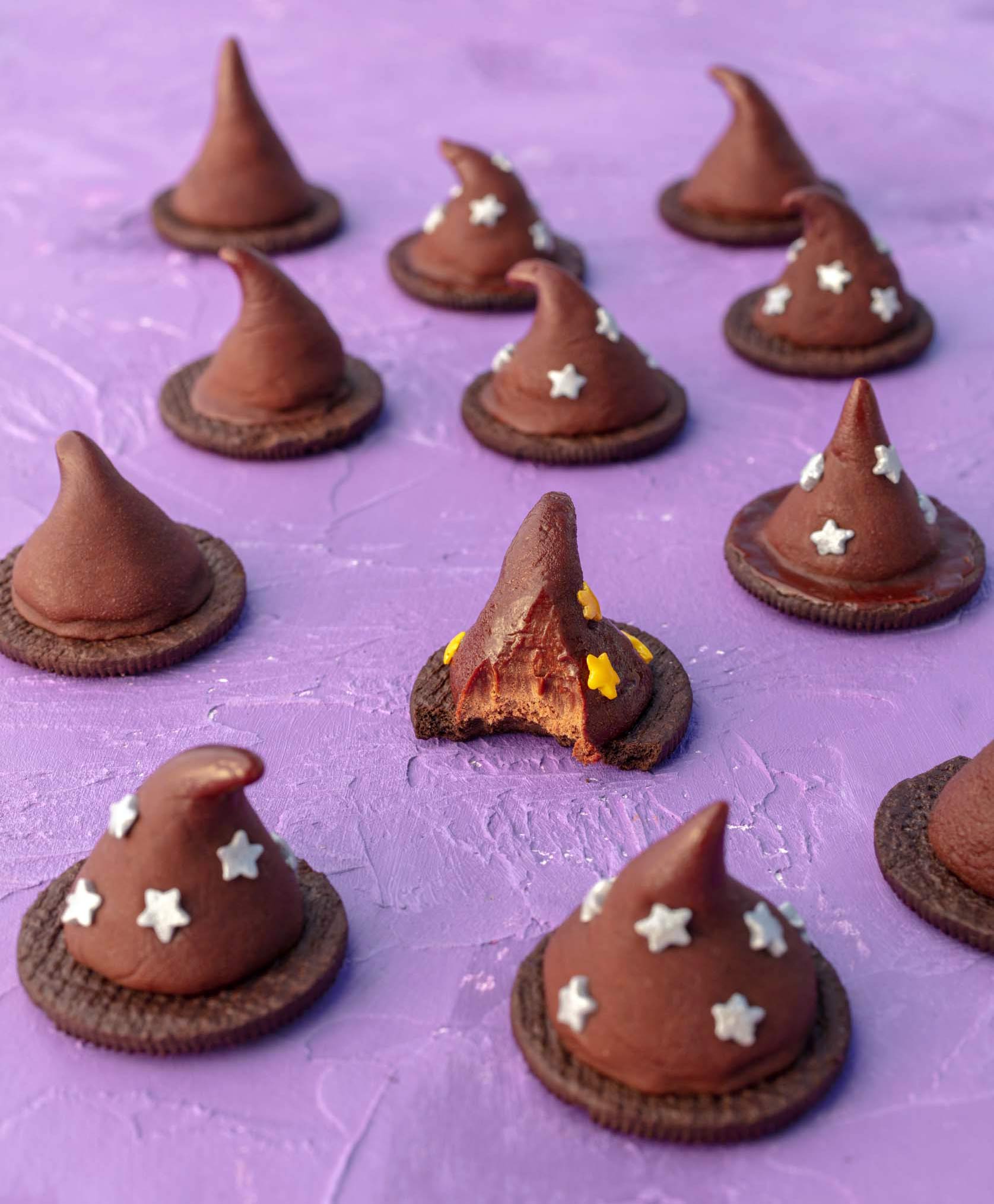 Vegan Halloween Cookies that look like Warlock or Witch Hats