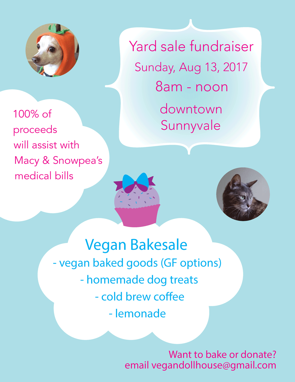 flier for yard sale and vegan bake sale on August 13, 2017